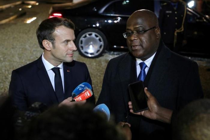 President Emmanuel Macron, left, told DRC counterpart Felix Tshisekedi that France would extend military support to fight armed groups