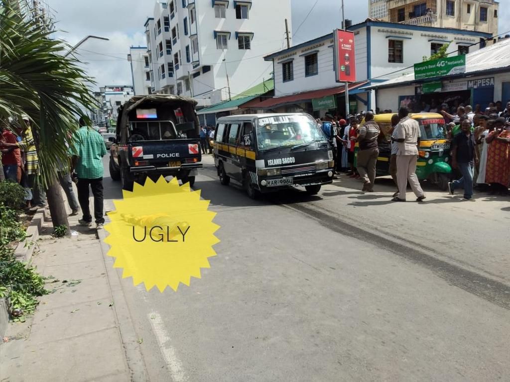 Censored photo of scene in Bondeni, Mombasa County where a man was shot dead after trying to steal police officer's gun