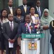 Interior CS Fred Matiang'i, Inspector General Hillary Mutyambai and NCIC led by Chairman Samuel Kobia addressing the media at Harambee House. Fatuma (standing behind Hillary Mutyambai) passed on Sunday, December 29 after collapsing at a wedding