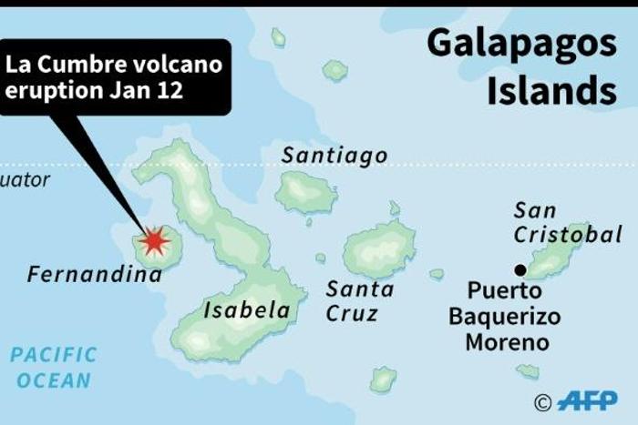 Map of the Galapagos islands locating La Cumbre volcano which erupted on January 12
