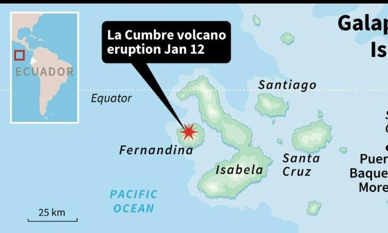 Map of the Galapagos islands locating La Cumbre volcano which erupted on January 12