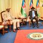 South Sudanese President Salva Kiir (centre) and opposition leader Riek Machar (right), pictured in Juba on Sunday with the deputy head of Sudan's Transitional Military Council, Mohamed Hamdan Daglo