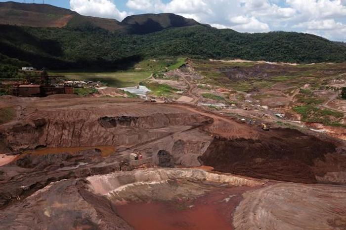 Aerial view of Brazilian mining multinational Vale at the Corrego do Feijao mine where the collapse of a tailings dam January 25, 2019 killed 270 people