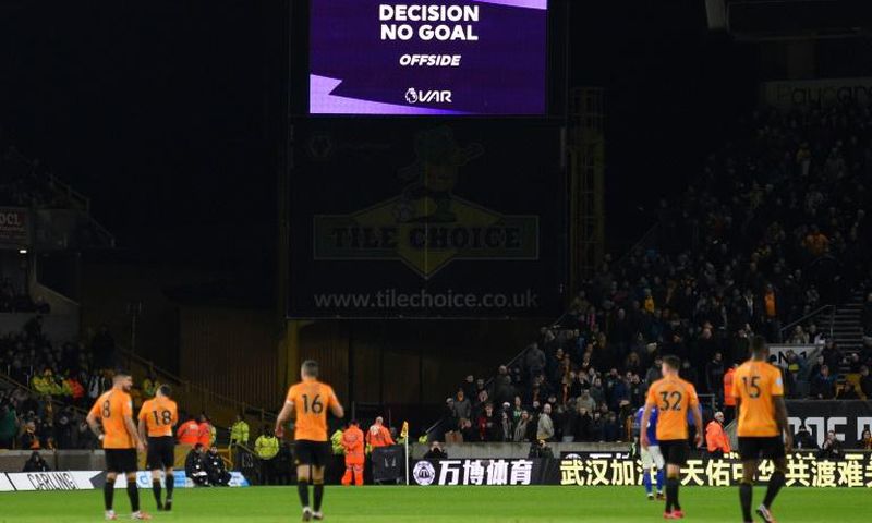 The scoreboard displays the decision disallowing a goal for Wolves against Leicester