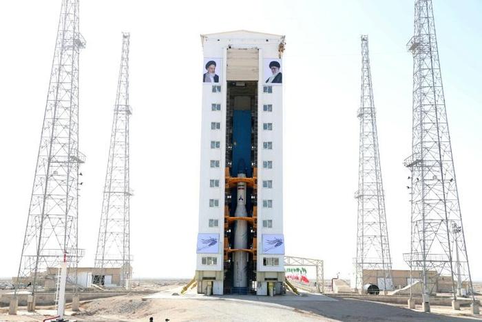 A handout picture released by Iran's defense ministry shows the Zafar rocket, which is Persian for "Victory," ahead of launch at the Imam Khomeini Spaceport in Semnan province