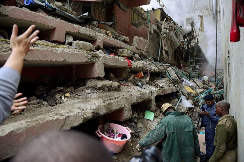 Rescue workers at a recent building collapse site in Nairobi. Family of 3 crushed to death after house collapsed in Mwasere village in Mwatate, Taita Taveta County