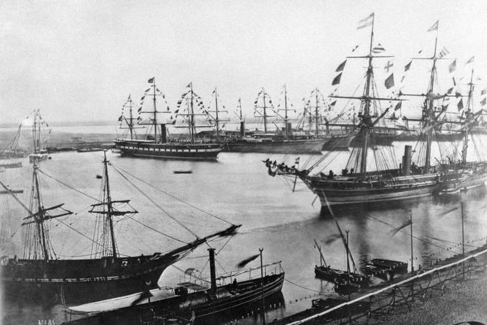 A file photo from November 1869 shows the inauguration of the Suez Canal in Egypt, which opened after a decade-long construction to link the Mediterranean to the Red Sea