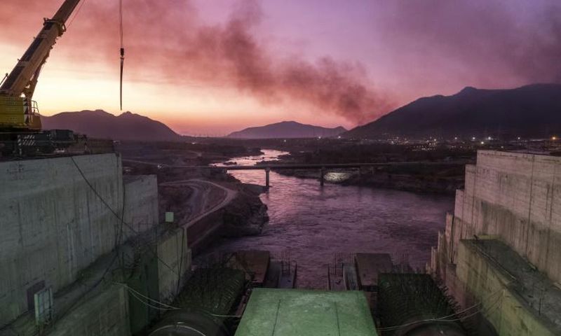The Blue Nile river passes through the Grand Ethiopian Renaissance Dam (GERD), near Guba in Ethiopia