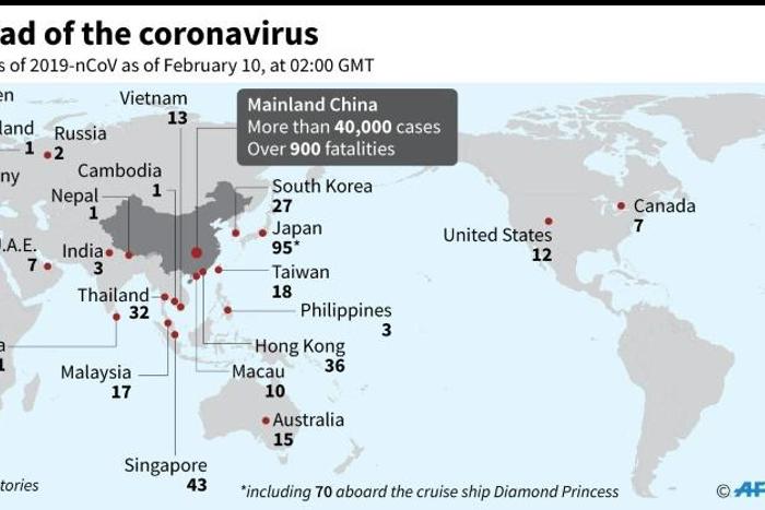 Countries or territories with confirmed cases of the 2019 Novel Coronavirus as of Feb 10, 0200 GMT.