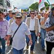 Rodrigo Londono aka Timochenko (C), seen here taking part in a general strike against the government Colombian President Ivan Duque in Medellin in November