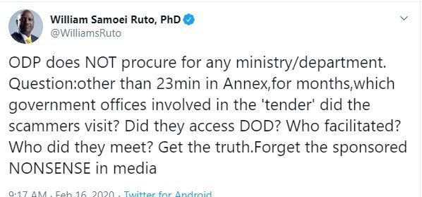 DP Ruto stirs Kenyans on Twitter with his defence in Echesa’s Sh40B fake military surveillance tender
