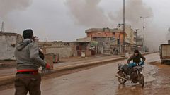 Some of the last remaining residents of the rebel-held town of Atareb flee as Syrian government forces draw ever closer in their offensive against the last major rebel pocket of Idlib