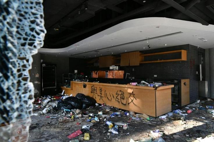 A badly damaged Starbucks inside Hong Kong's Polytechnic University