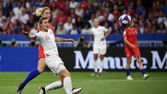 England forward Ellen White scores during the World Cup semi-final defeat to the United States last year