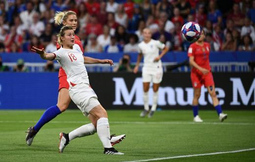 England forward Ellen White scores during the World Cup semi-final defeat to the United States last year