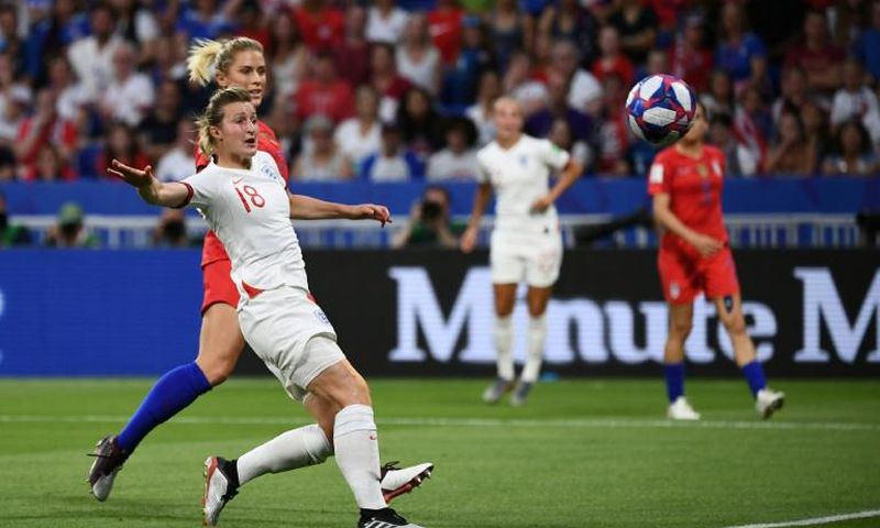 England forward Ellen White scores during the World Cup semi-final defeat to the United States last year