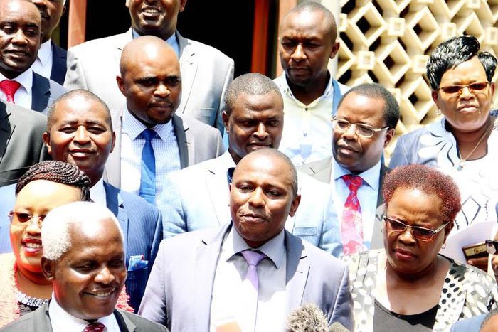 Kandara MP Alice Wahome (Front row, left) with other Jubilee party lawmakers allied to the Tangatanga outfit that supports DP Ruto's 2022 presidential bid