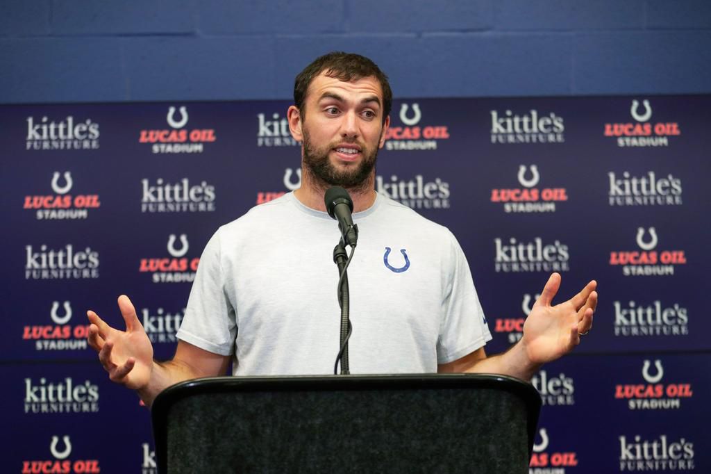 Luck at his retirement press conference in August of 2019.