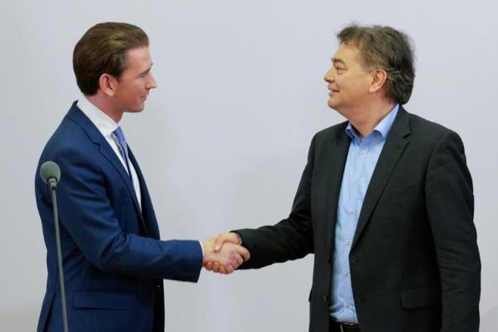 Sebastian Kurz (L), leader of Austria's People's party (OeVP) and Werner Kogler (R), leader of Austria's Green Party, are in talks to form a government