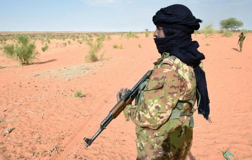 A Malian soldier patrols with French soldiers involved in the regional anti-insurgent Operation Barkhane in 2016 in Timbamogoye, Mali

France's Barkhane counter-terror mission comprises at least 3,500 soldiers deployed across five countries (Mauritania...