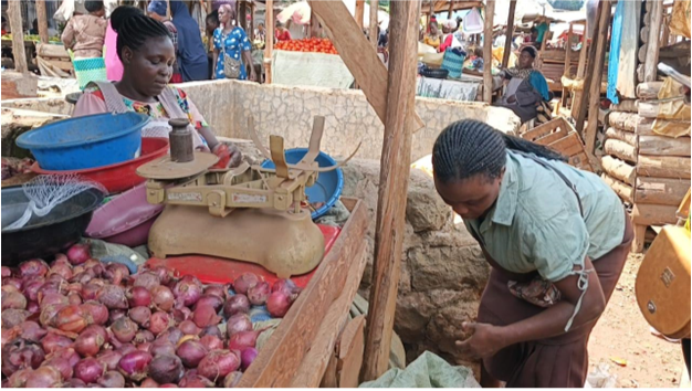 A customer buys onions from a Ugandan migrant at the Busia market in Kenya. At the market, Kenyan and Ugandan women trade with a lot of ease as a result of easy migration systems | Photo by Faith Matete