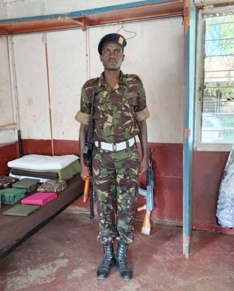 Harambee Stars player Boniface Muchiri wearing KDF uniform