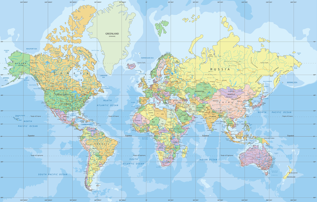 Mercator projection map that shows Africa as a smaller continent