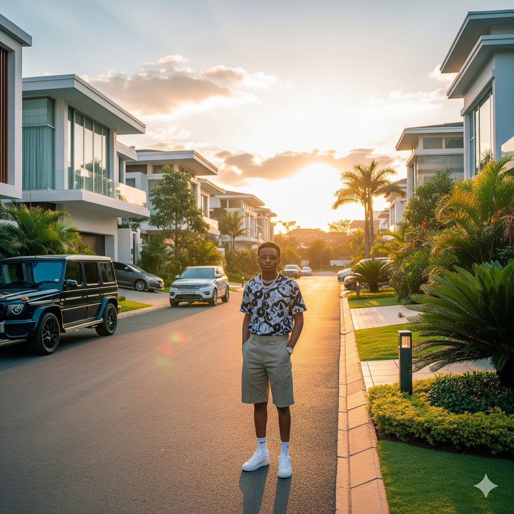 An AI-generated image of a Gen Z in a wealthy neighbourhood
