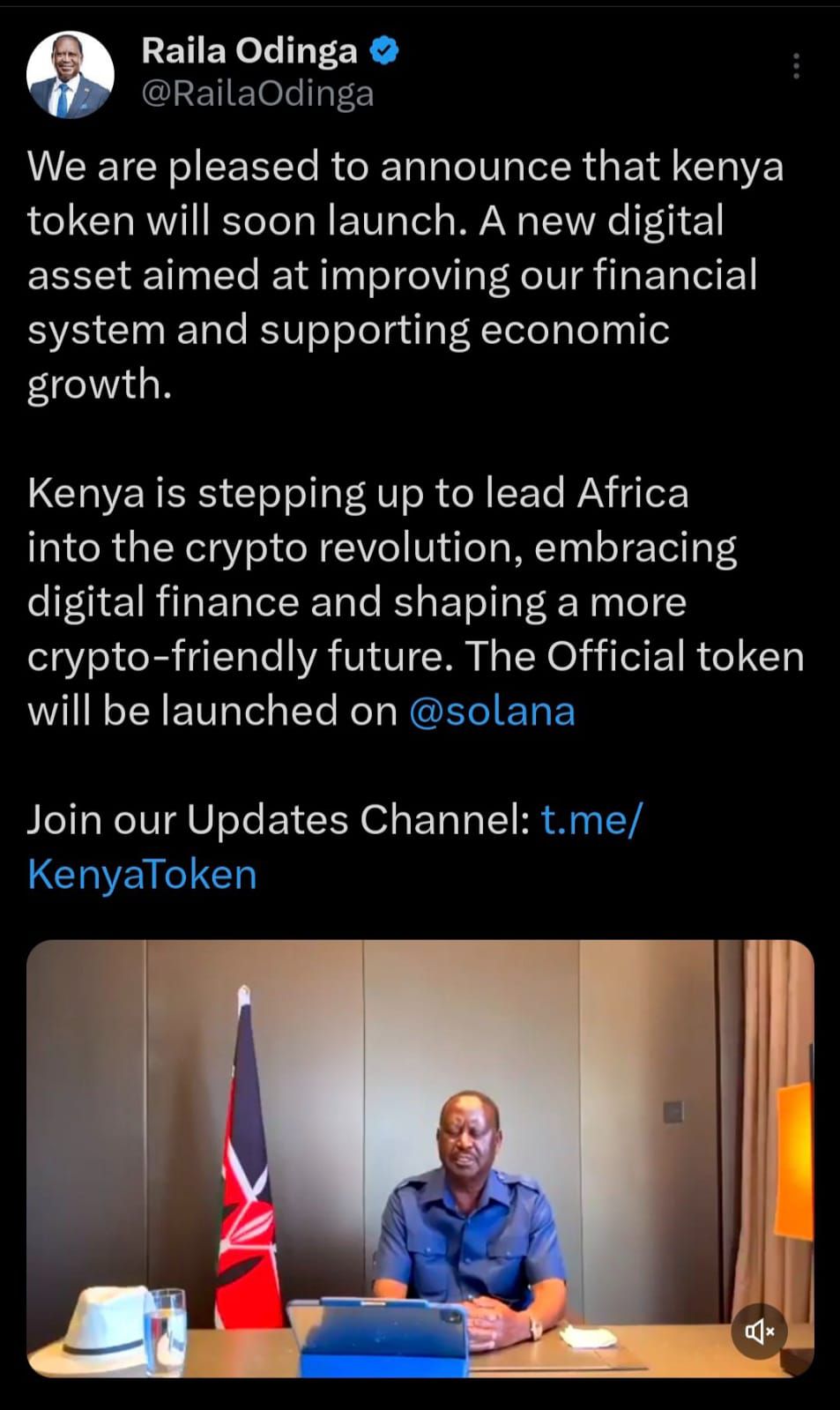 A screenshot of Raila Odinga announcing Kenya's new cryptocurrency that has raised speculation on its  accuracy