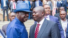 File image of ODM leader Raila Odinga chats with former DP Rigathi Gachagua at KICC, Nairobi on July 9, 2024