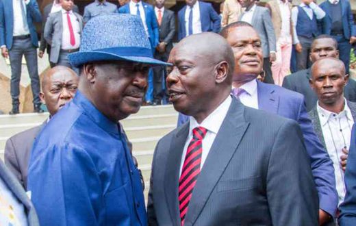 File image of ODM leader Raila Odinga chats with former DP Rigathi Gachagua at KICC, Nairobi on July 9, 2024