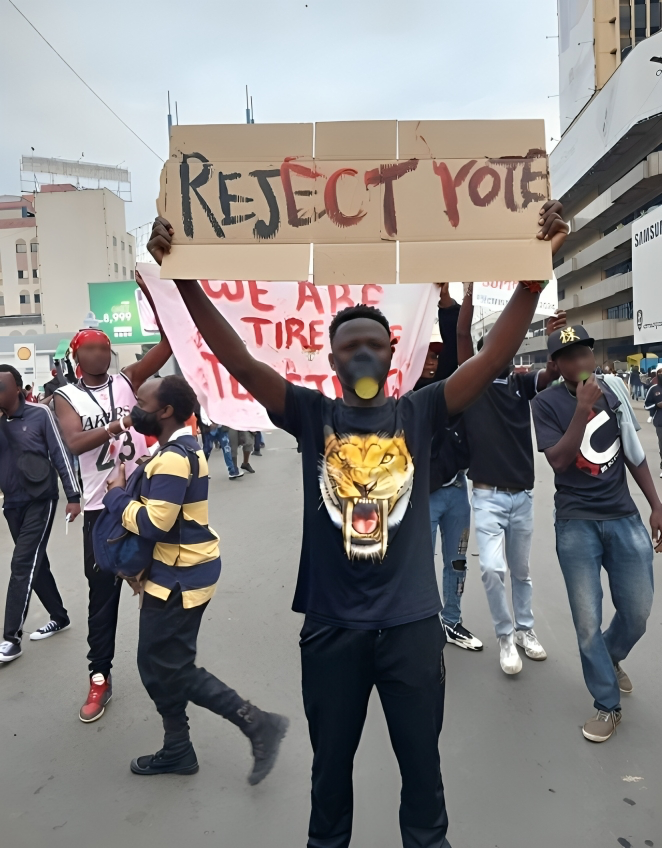 A protestor holding a placard during the ant-Finance Bill protests led by the Gen-Zs on June 25th,2024 in Nairobi.