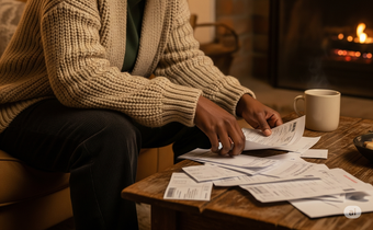 An AI-generated image of a woman staring at her bills at the end of the month