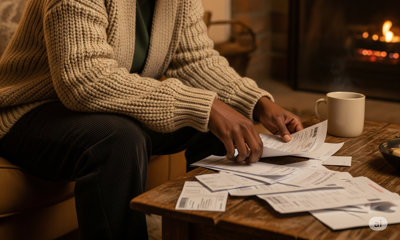 An AI-generated image of a woman staring at her bills at the end of the month