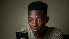 A person with strained eyes looking at a smart phone