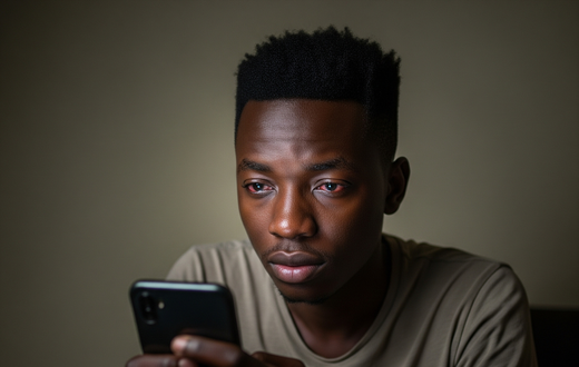 A person with strained eyes looking at a smart phone