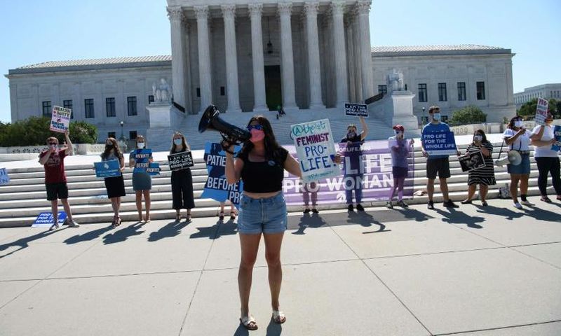 Anti-abortion activists demonstrate in front of the US Supreme Court on June 29, 2020