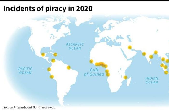 World map lacating piracy and armed robbery incidents, reported to International Maritime Bureau in 2020.