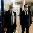 EU foreign policy chief Josep Borrell (L) meets with Cyprus' Foreign Minister Nikos Christodoulides at the foreign ministry headquarters in the capital Nicosia on June 25, 2020