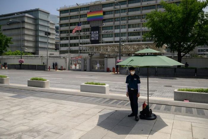 The 'Black Lives Matter' banner was displayed at the US embassy in Seoul before being taken down on Monday