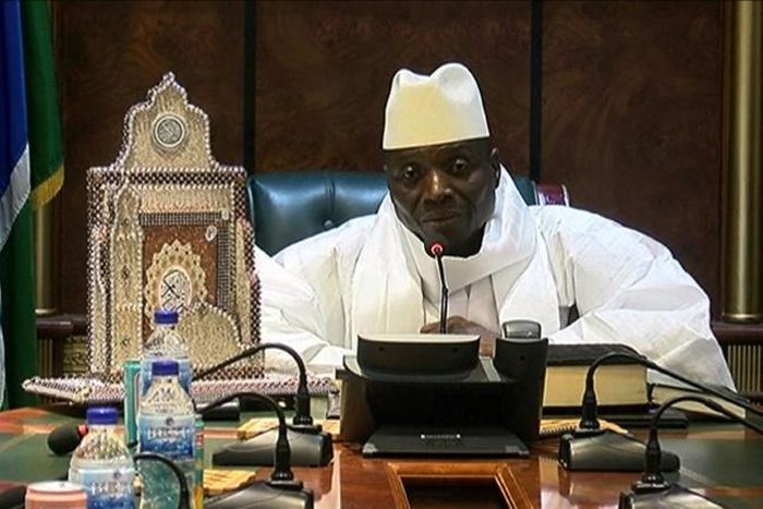 An image grab taken on December 3, 2016 from a video of the Gambia and Television Services (GRTS) broadcasted on December 2, 2016, in Banjul shows outgoing Gambian President Yahya Jammeh speaking during a press conference after being defeated during th...
