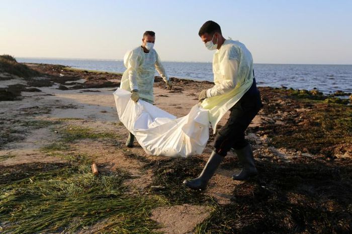 Tunisian workers remove a migrant's body recovered after a previous shipwreck in July 2019