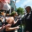 Protesters and police in Brooklyn on 17 June 2020