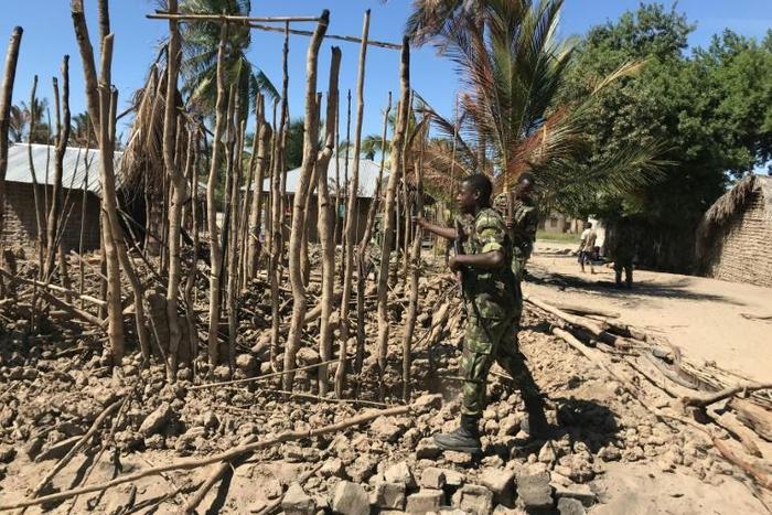 Northern Mozambique has suffered a string of deadly attacks by a shadowy jihadist group since October 2017. Pictured: the aftermath of a raid on the village of Naunde in June 2018 in which seven people were hacked to death and 164 homes torched