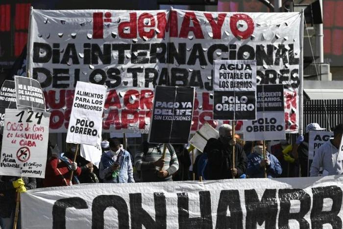 Argentine workers march in a May Day demonstration in Buenos Aires