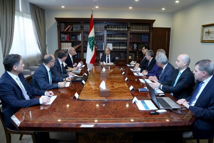 Lebanon's President Michel Aoun (C) headed talks with top officials on Saturday ahead of a cabinet meeting