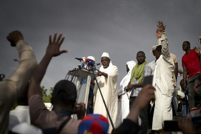 Mahmoud Dicko addresses a crowd in Bamako on June 5