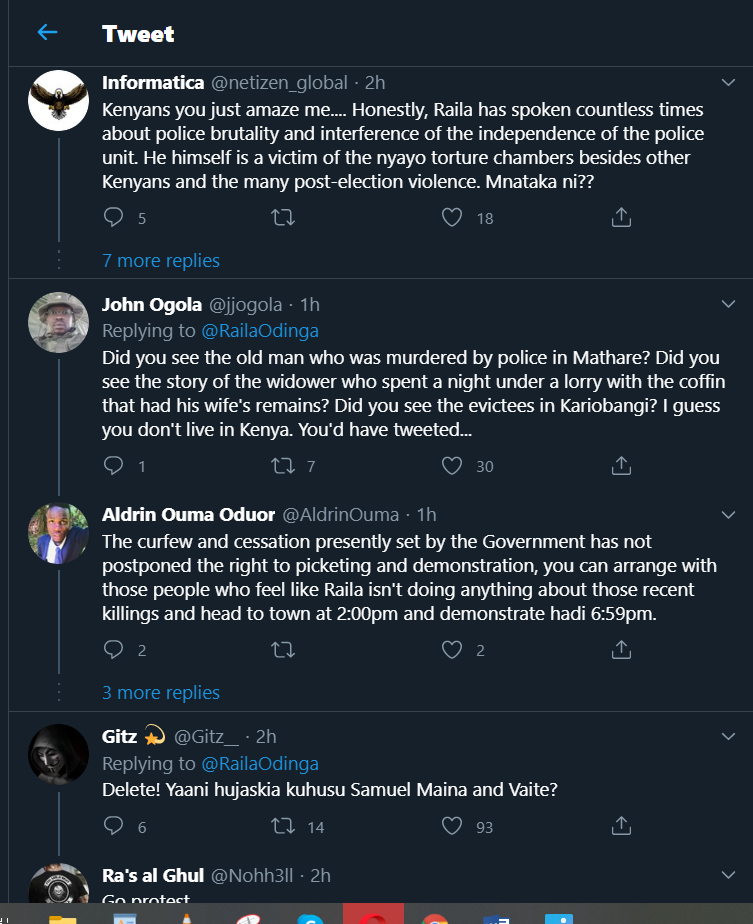 Reactions from KOT over Raila Odinga's post on George Floyd.