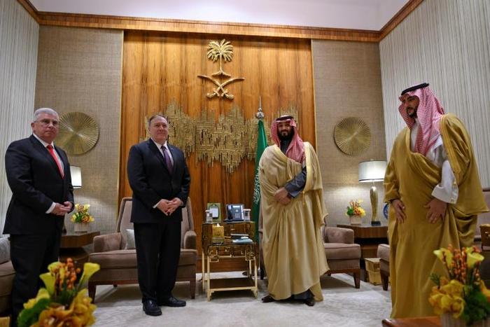 US Secretary of State Mike Pompeo, meeting with Saudi Arabia's Crown Prince Mohammed bin Salman at Irqah Palace in the capital Riyadh in February 2020