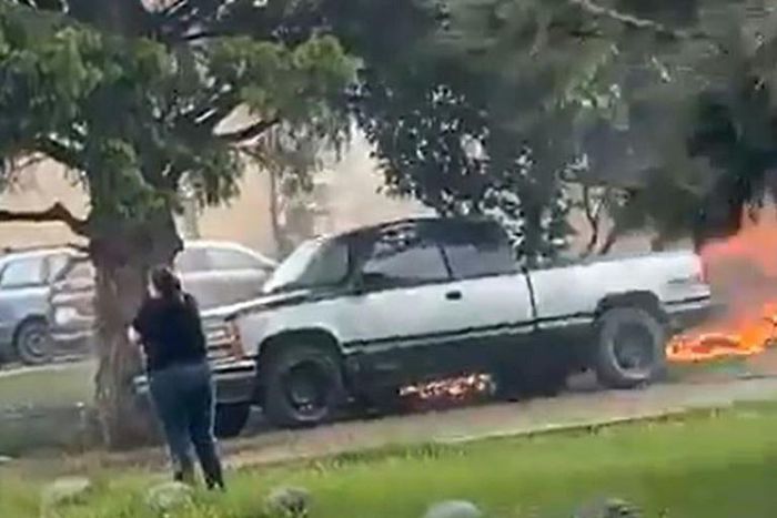 A screengrab taken from a video obtained from the Facebook account of Jason Kyle Arnold shows a fire burning after a plane from Canada's Snowbirds, an elite air force aerobatics team, crashed on May 17, 2020 in Kamloops, British Columbia
